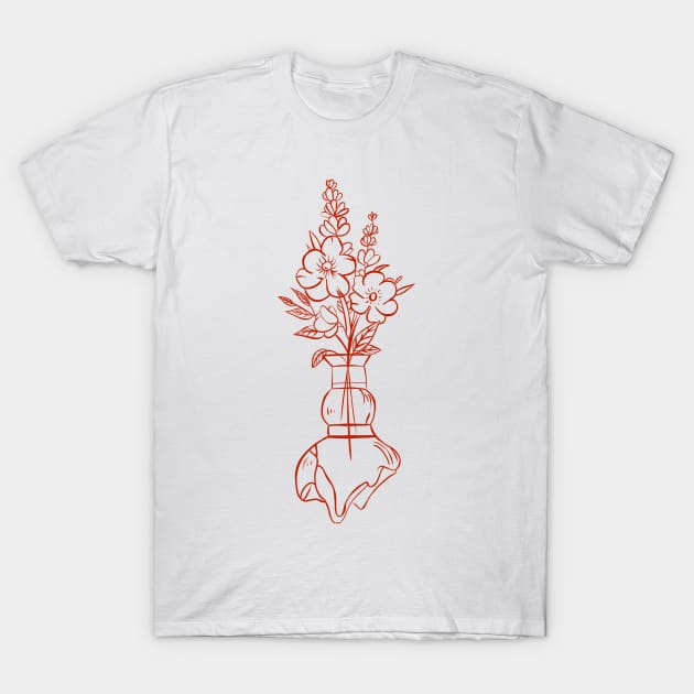 vintage broken flower vase with red fine line T-Shirt by saraholiveira06